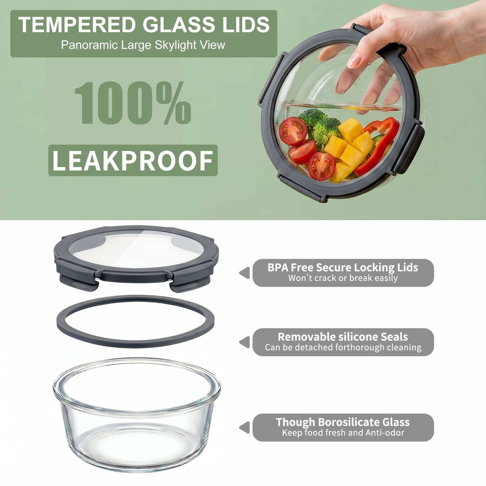 36 Pcs Glass Food Storage Containers with Tempered Lids Set, Borosilicate Oven-Safe(-4°F~950°F), Airtight Meal Prep Lunch Box Containers (18 Containers & 18 Lids), Grey