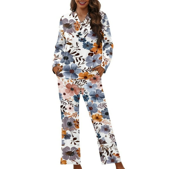 SEANATIVE Hibiscus Flower Button Up Pajamas for Women Size XS Womens Long Sleeve Pajama Sets 2 Piece Cover Ups for Women Daily Loungewear and Pants Sleepwear Outfits