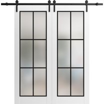 Sturdy Double Barn Door 36 x 84 inches | Planum 2122 White Silk Frosted Glass | 13FT Rail Hangers Heavy Set | Solid Panel Interior Doors