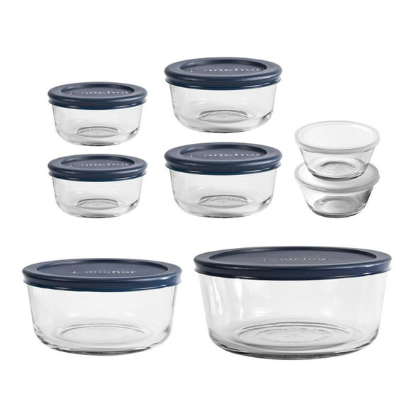 Ensemble de 16 pièces - contenants pour conservation d’aliments en verre ronds avec couvercles marine Anchor Hocking