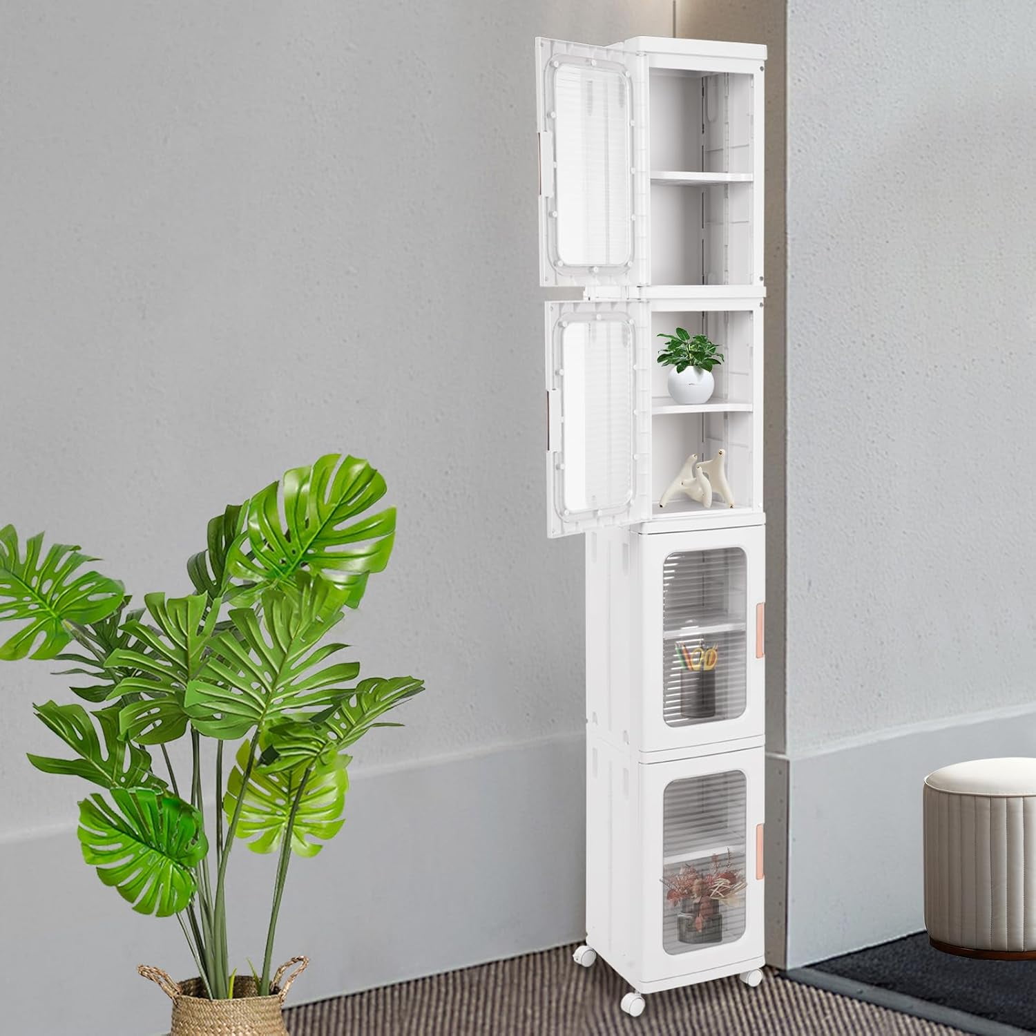 4-Tier Narrow Slim Storage Cabinet Narrow Tall Cabinet Cart Storage Tower for Bedroom, Kitchen Narrow Cabinet Deep Tall Narrow Cabinet Slim Bathroom Cabinet Narrow Cabinet For Small Spaces, Modern