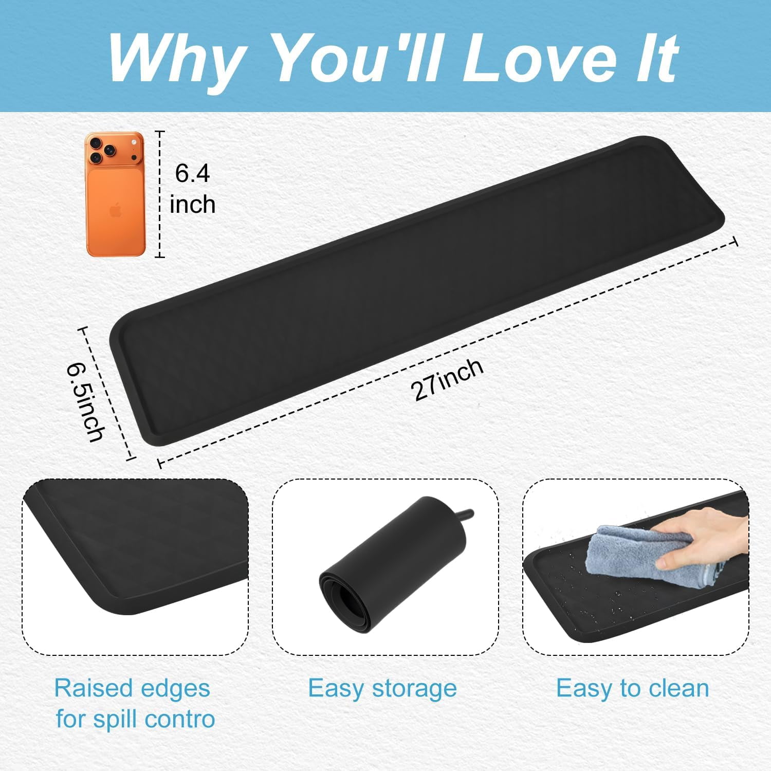 JJEAN-Refrigerator Mat, 27" L x 6" 1/2 D Washing Machine Spill Liner, Drip Tray and Leak Catcher Mat, Fridge Mat Prevent Water Leakage and Floor Damage from Elecrical Equipment Heavy Duty Black