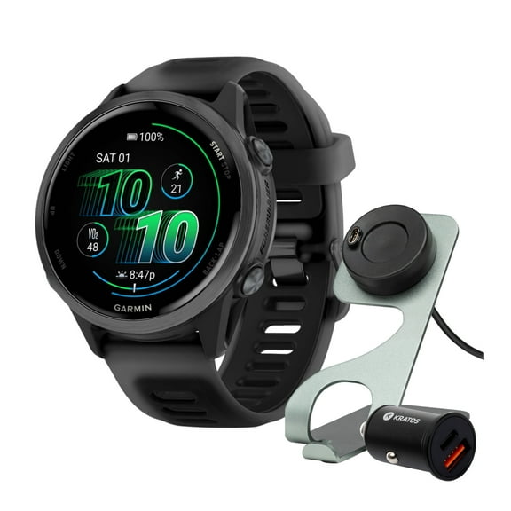 Garmin Forerunner 570 42mm GPS Running Smartwatch (Slate Gray/Black Band) Bundle with Stand, Charging Cable and Car Charger (3 items)