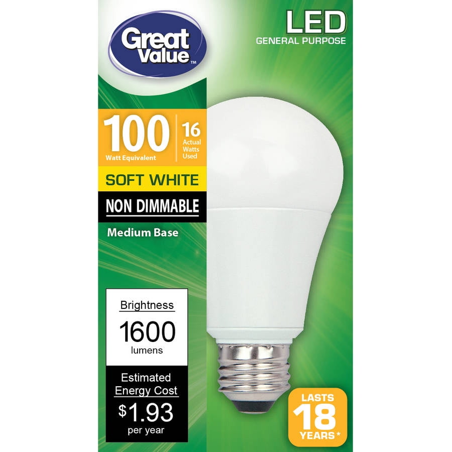 Great Value LED Bulb, Soft White, Non Dimmable, (100W Equivalent) - Walmart.com
