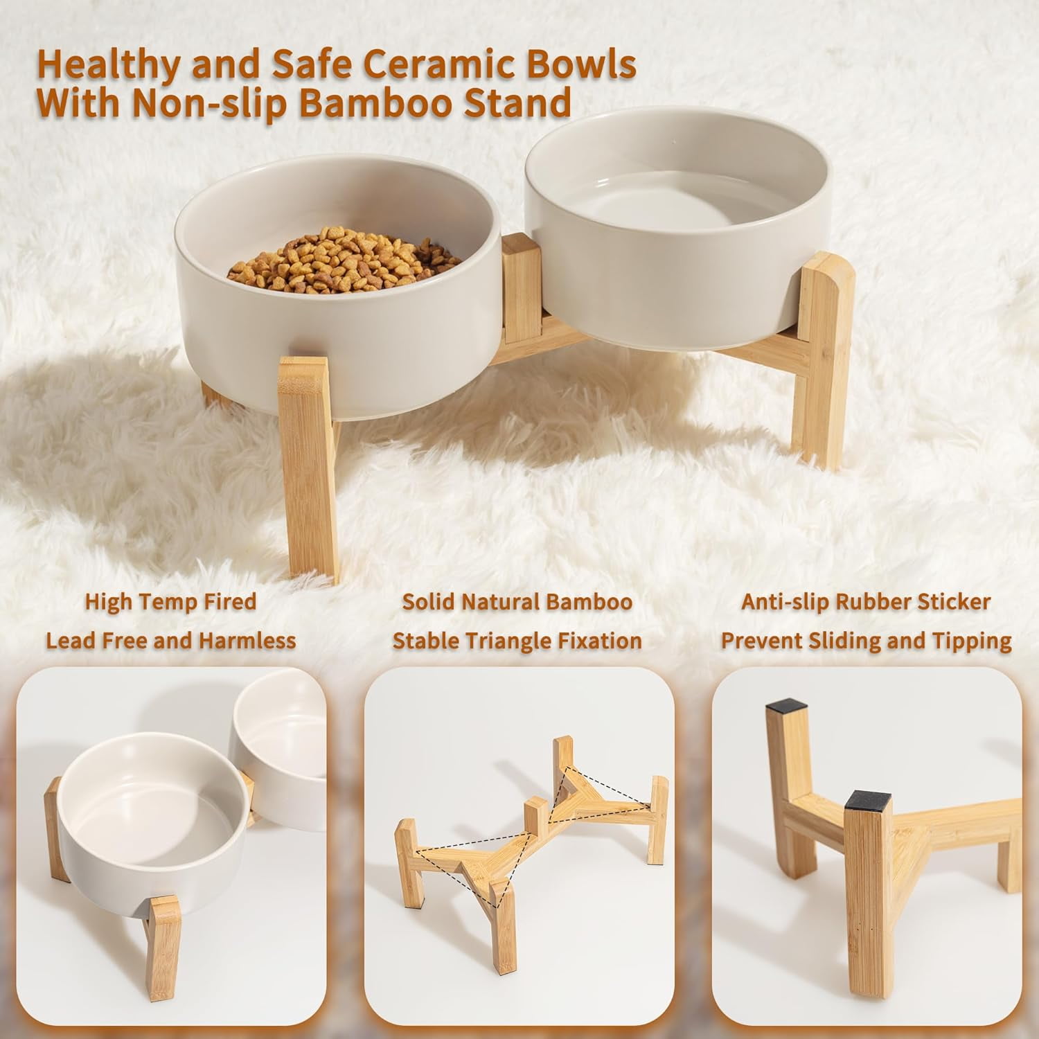 Elevated Ceramic Dog Bowl Set - Raised Dog Bowls with Non-Slip BambooStand - Dog Food and Water Bowl Set - Double Dog Feeding Bowls - Suitable for Small and Medium Dogs - 28.74 OZ - 3.6 CUPS - 850 ML