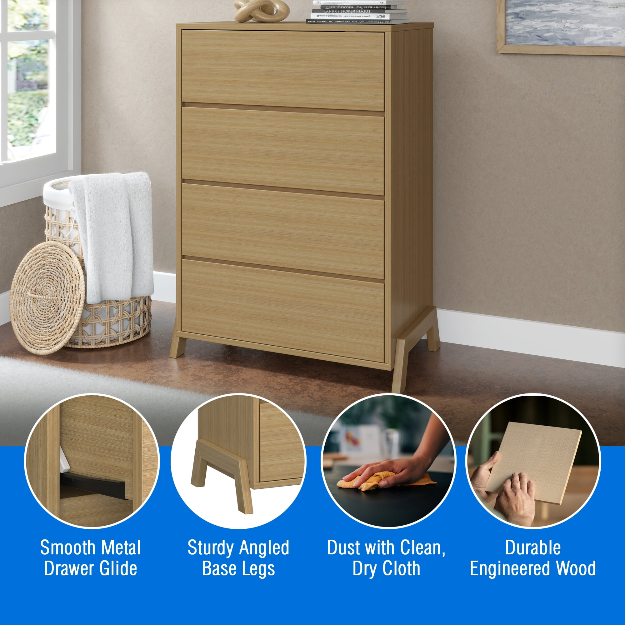 Mainstays Modern 4 Drawer Dresser, Natural Teak