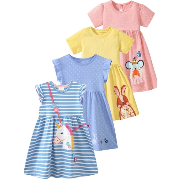 WIBACKER 2-7T Toddler Girls Cotton Fluffy Casual Dress Appliques Jersey Dresses for Kids - Striped Unicorn