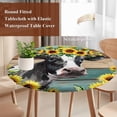 thumbnail image 4 of Sunflower Cow Round Tablecloth, Fitted Table Cover with Elastic for 45"-54" Round Tables, Rustic Teal Brown Farmhouse Wood Grain Table Cloth Outdoor Indoor Dinning Party Waterproof Tablecloths, 4 of 7