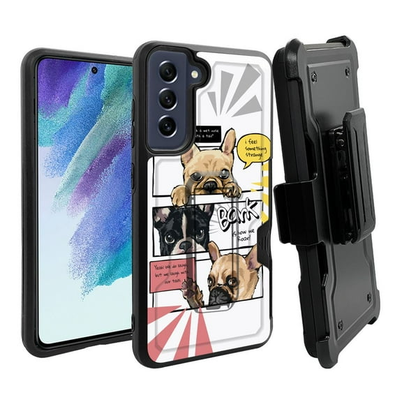 ANJ  Rugged Dual Layer Hybrid Holster Kickstand Case w/ Card Slot   Tempered Glass Cover for Samsung Galaxy S21 FE 5G - Dog Comics