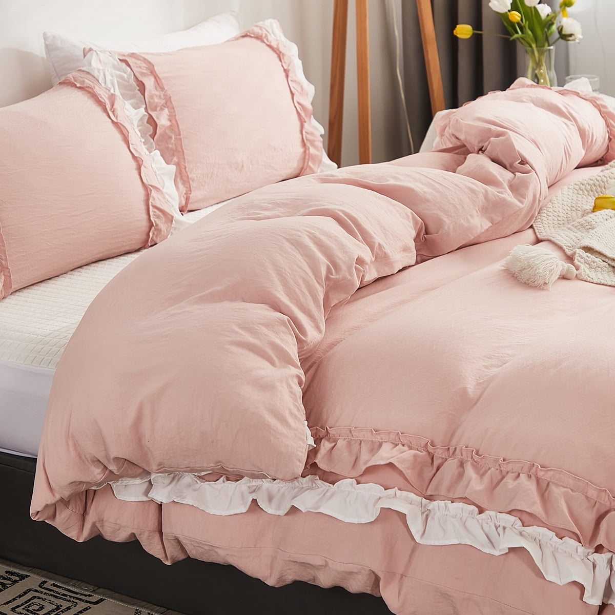 100% Washed Cotton Pink and White Ruffled Duvet Cover Set Twin Size with Zipper Closure & Corner Ties