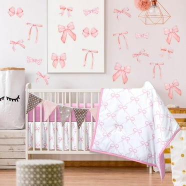 5 Pcs Pink Bow Crib Bedding Set Include Print Crib Sheets Bed Skirt Comforter Pad Cover Wall Stickers for Girls Princess Nursery Room Decoration