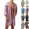 thumbnail image 4 of Fancy Men Hooded Loose Satin Silk Bathrobe Pajamas Sleepwear Gown Bath Robe Nightwear Dark Blue XL, 4 of 12