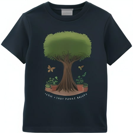 

Charming Black T-Shirt with Tree and Potted Plants Graphic Grow Just Grow Bloom Design