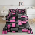 thumbnail image 2 of Manfei 3D Geometric Cubes Full Size Comforter Sets, Pink Gray Checkered Bedding Comforter Set, Black Reversible 3-Piece, 1 Comforter and 2 Pillowcases, 2 of 6
