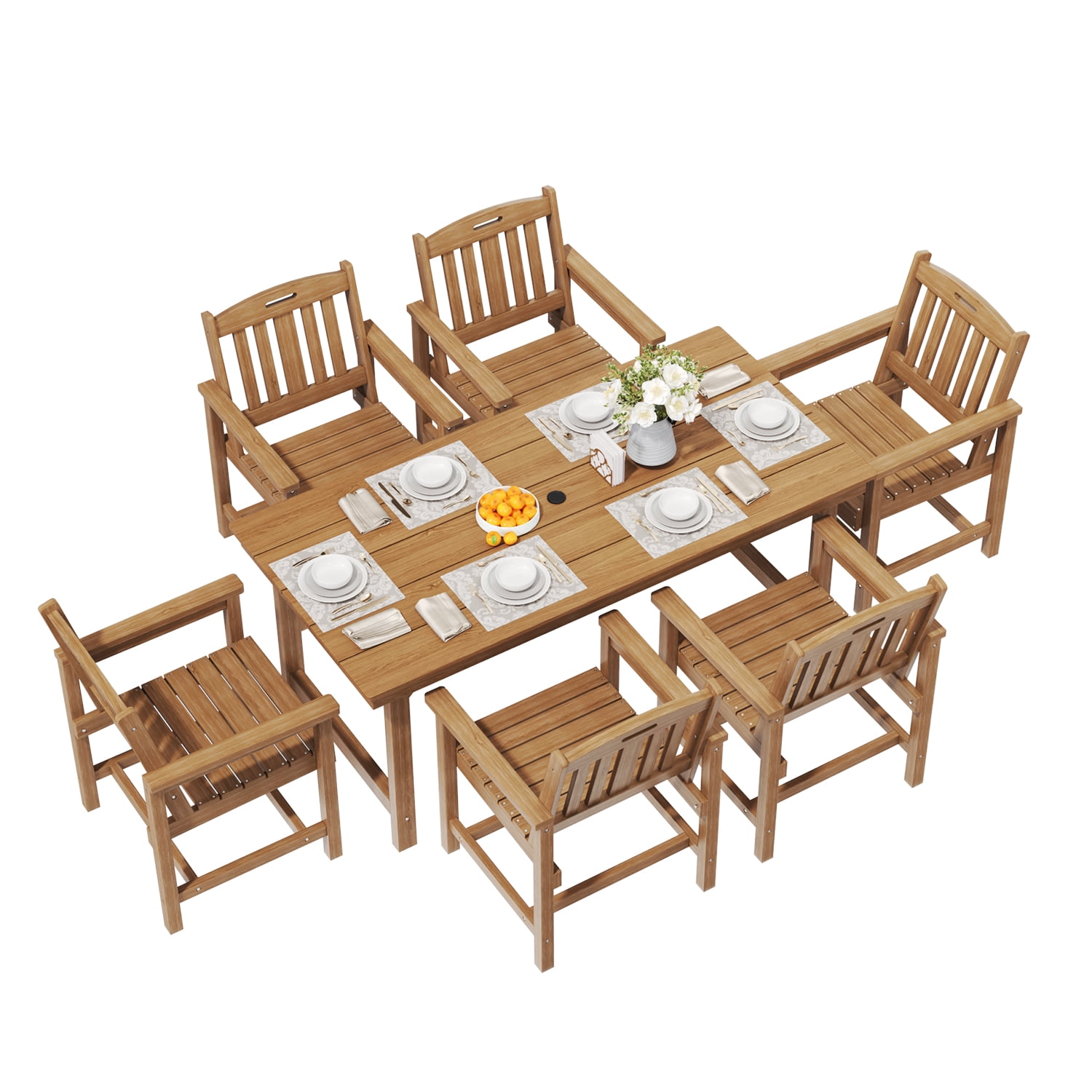 Erinnyees 7-Piece HDPE Outdoor Dining Set, 66.9" Marble Texture Patio Table with Umbrella Hole, and 6 All-Weather Chairs for Yard Deck Porch, Teak