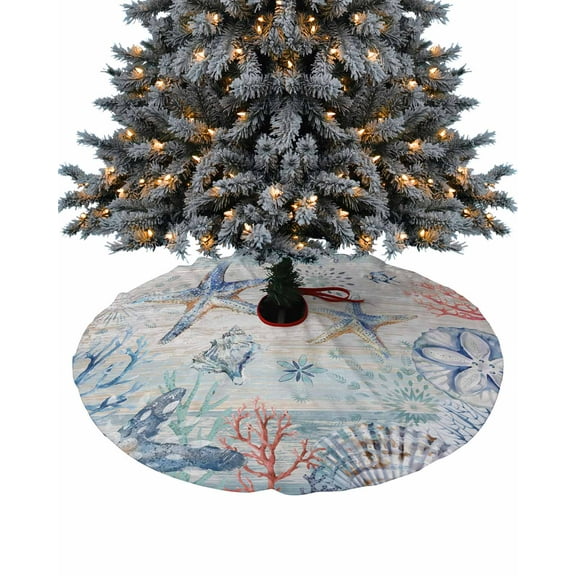 Coastal Starfish Christmas Tree Skirt 48 Inches Large Christmas Skirt Tree, Nautical Summer Beach Coral Vintage Tree Skirt Christmas Decorations for Fireplace Party Holidays Indoor Outdoor