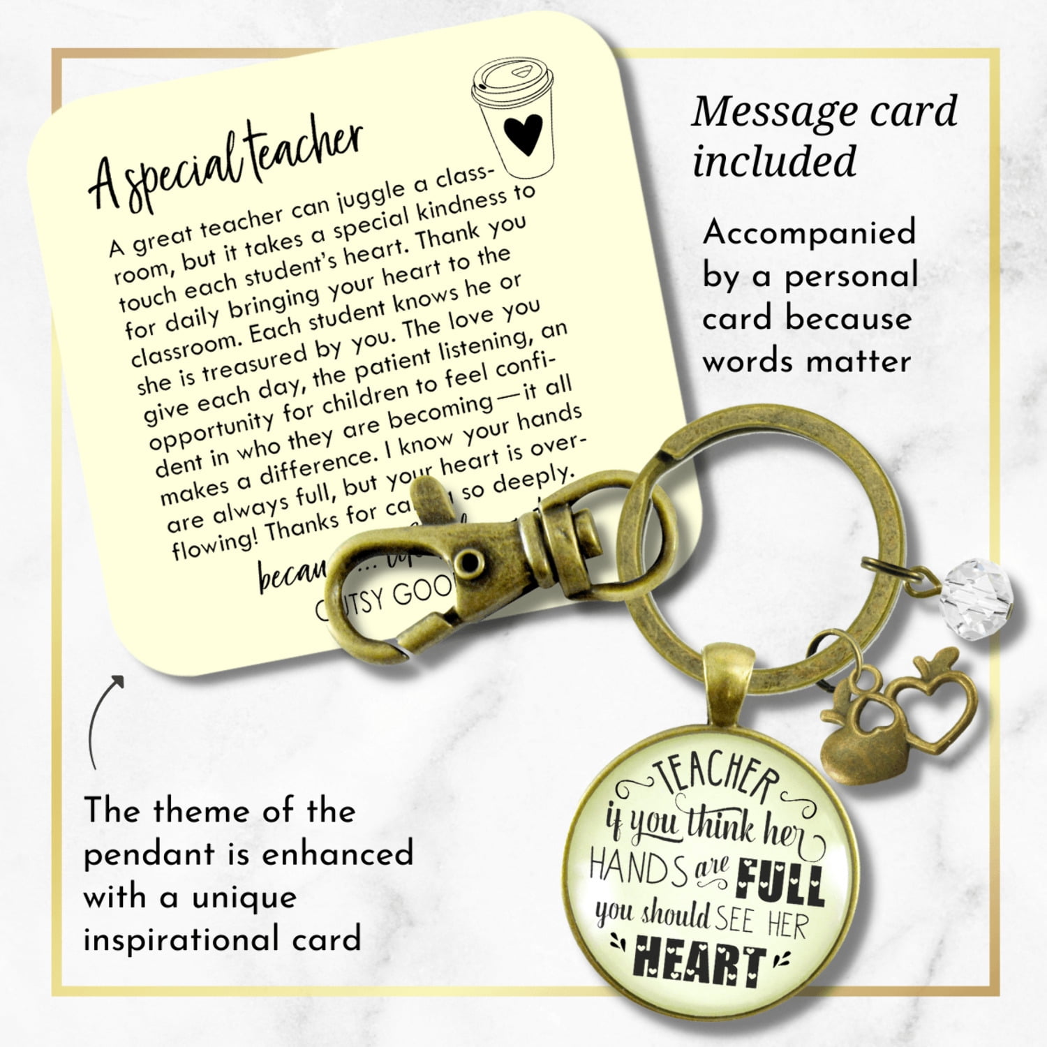 Teacher Gutsy Goodness Bronze Keychain If You Think Her Hands Are Full Heart Jewelry Gift School Quote Apple