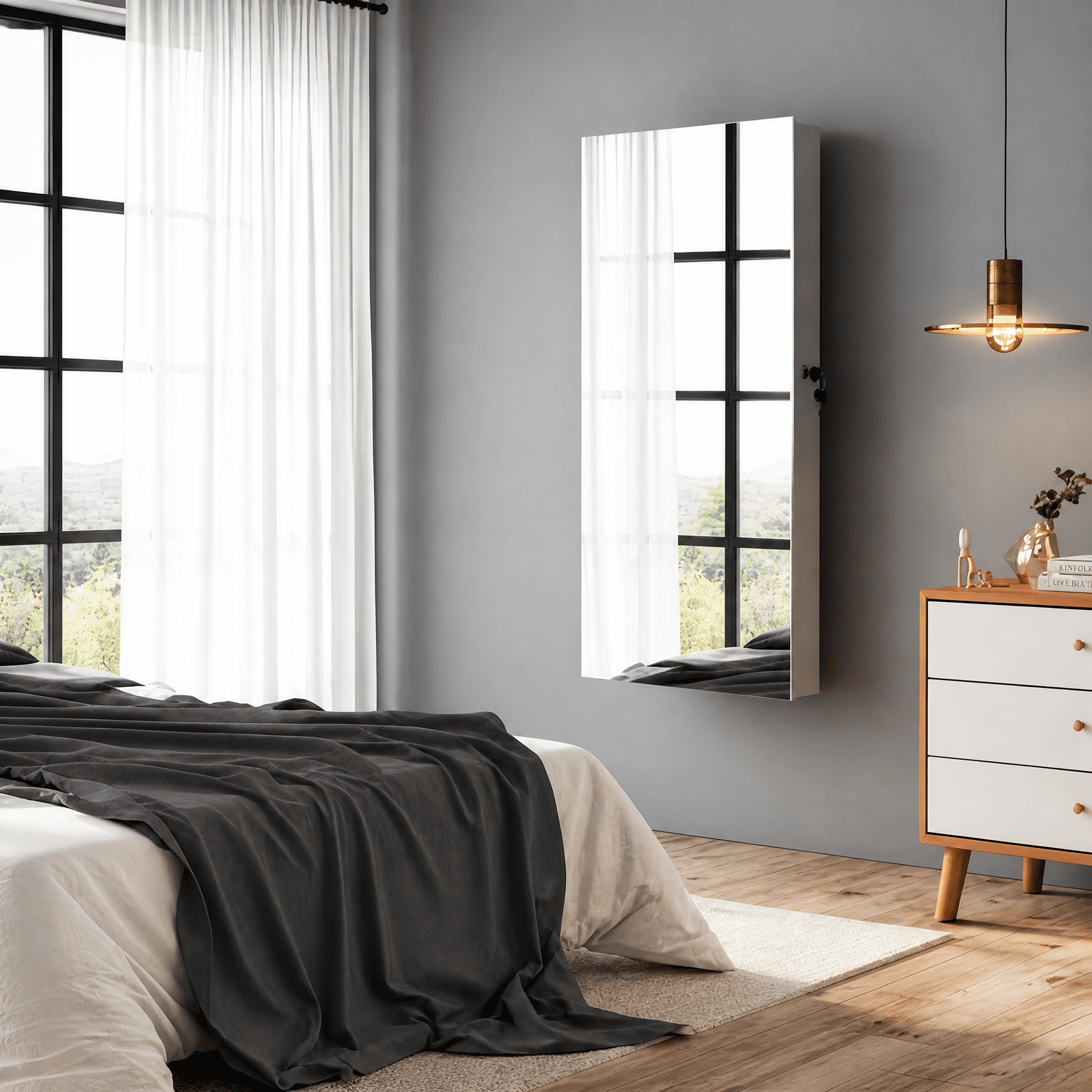 Whole Surface PVC Film Wall-Mounted Jewelry Cabinet With Mirror & Lock Large Storage For Accessories White