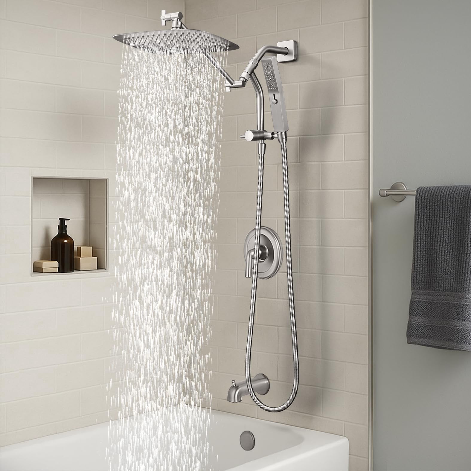 All Metal 10 Inch Shower Head With Massage Mode Handheld  Rain Spray Combo 3-way Diverter Pause Setting 11 Adjustable Extension Arm (brushed Nickel)
