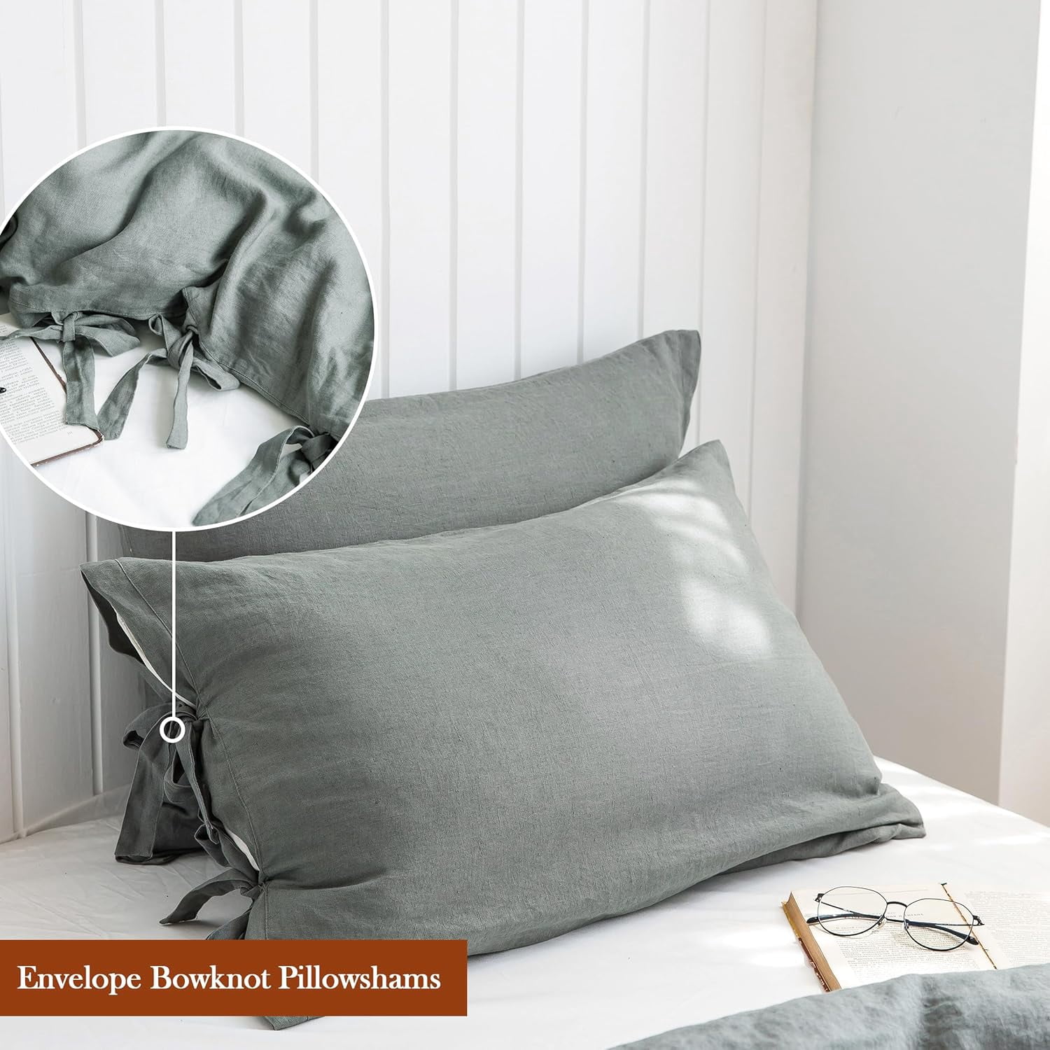 Simple&Opulence 100% Linen Duvet Cover Set, 3 Piece Belgian Flax Breathable Bedding, King Size 104''x92'' (1 Comforter Cover+2 Pillowshams) with Tie Closure Style,Greyish-Green