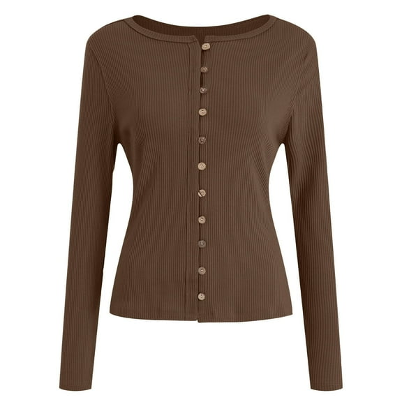 QUNYINEY Ribbed Knit Womens Button Down Blouse Long Sleeve Crew Neck Brown Cropped Tops Slim Fit Smocked Women Blouses