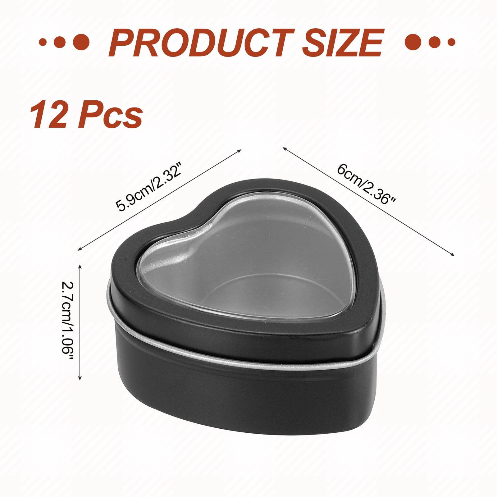 Heart Shaped Candle Tins with Clear Window Lids, 2 oz Empty Metal Tin Cans for Candle Making Candies Gifts DIY Crafts, Black, Pack of 12
