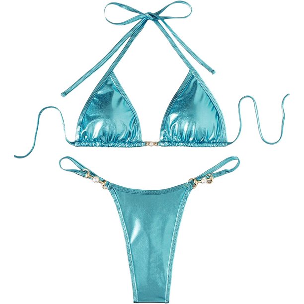 Conjunto de 2 piezas de microbikini con bloques de color para mujer Azul metálico XS Azul metálico XS Xishao ropa