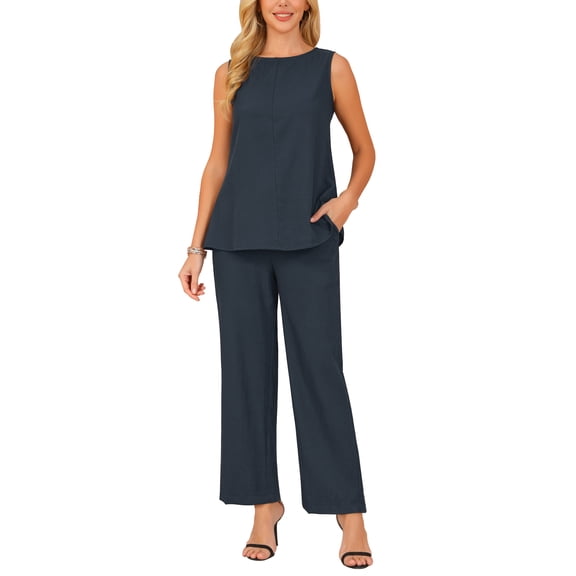 INSPIRE CHIC Women's Summer 2 Piece Outfits Sleeveless Round Neck Tank Top Dressy Casual Sets Wide Leg Pants Set S Dark Blue