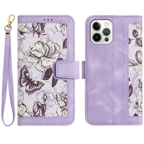 Allytech iPhone 11 Pro Wallet Case, Chic Flower Pattern PU Leather Shoulder Strap Hand Wrist Cards Holder Stand Protective Flip Folio Cover for Girls Women Phone Case for Apple iPhone 11 Pro - Purple