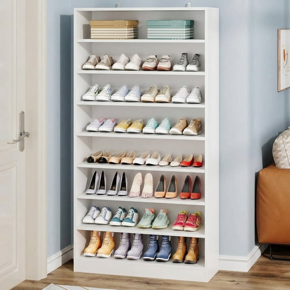 Fnova Tall Shoe Storage Cabinet, Wood Freestanding 9-Tier 40-45 Pairs Shoe Rack Organizer with Open Shelves for Entryway, White