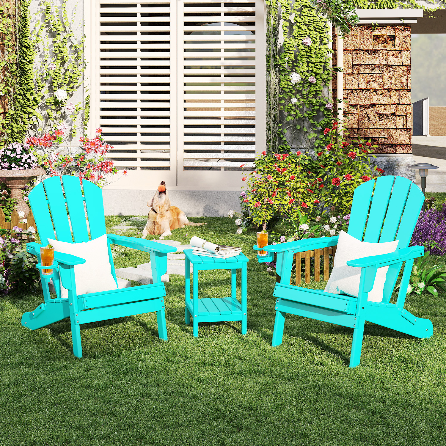 FURRYFECTION Folding Adirondack Chair Set of 2 with Cup Holder,All-Weather HDPE Outdoor Fir Pit Chairs for Patio Garden Backyard,Aqua