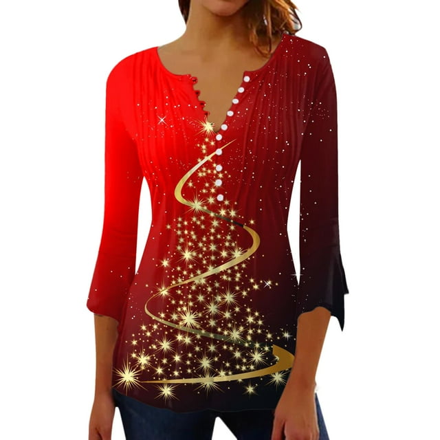 SZXZYGS T-Shirts pour Femmes Coupe Ample Court Mode Décontractée de Noël Imprimé Arbre de Noël Manches Courtes Bouton T-Shirt Été 2024