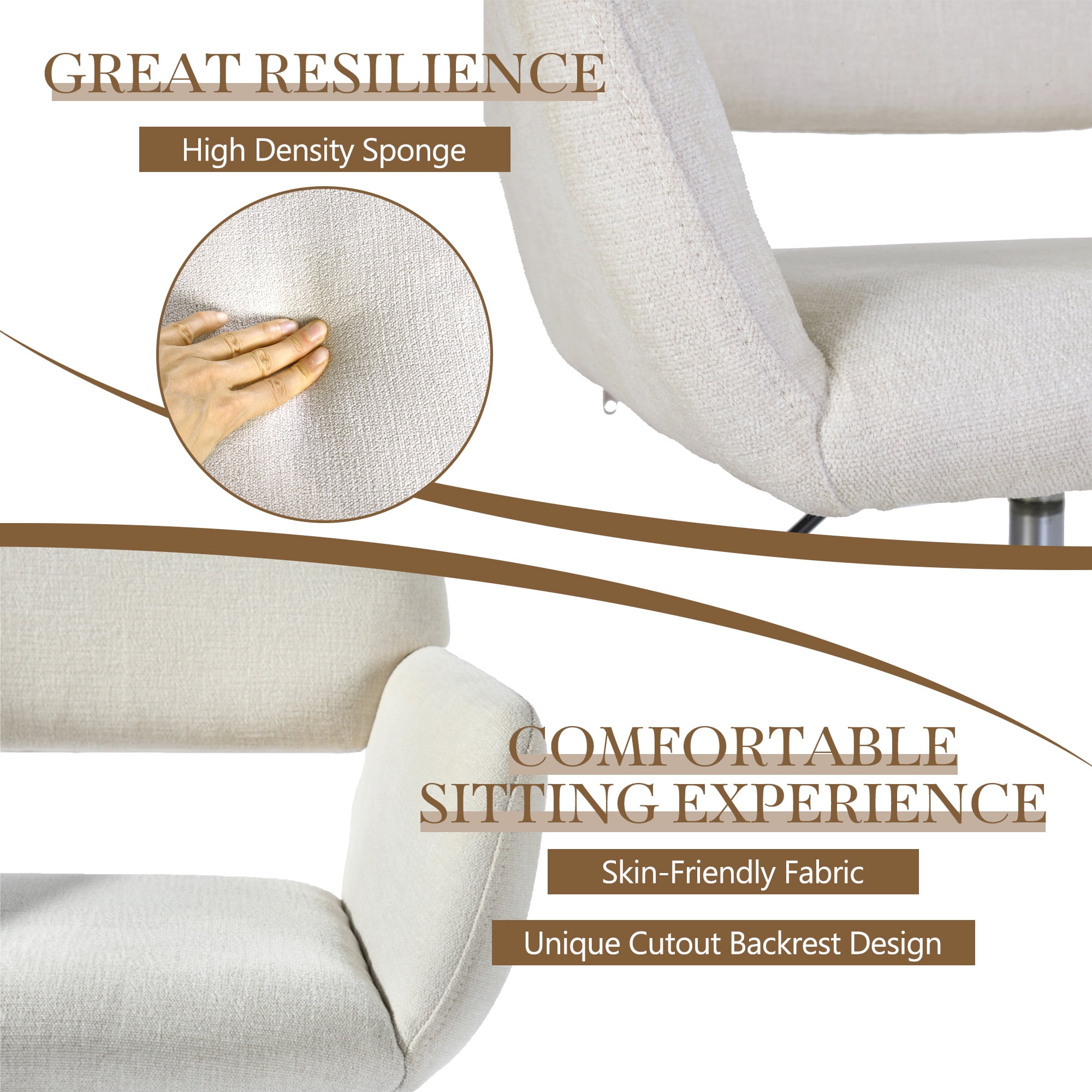 Chaise de bureau pivotante Homy Casa, chaise de bureau ergonomique réglable, tissu chenille beige