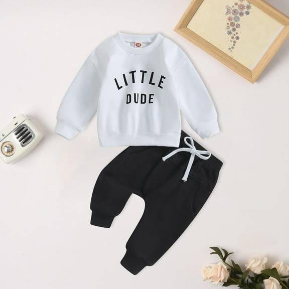idosla Toddler Baby Boy Fall Winter Outfits Letter Crewneck Sweatshirt Casual Pants 2Pcs Clothes Set (White, 3-4 Years)