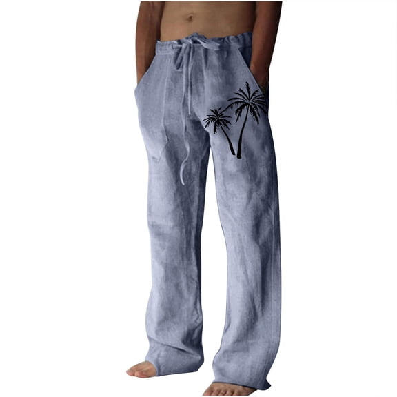 Zpanxa Mens Joggers with Pockets, Mens Linen Pants Loose Leisure Hawaiian Print Beach Pants Loose Elastic Waist Drawstring Pants Blue XXL