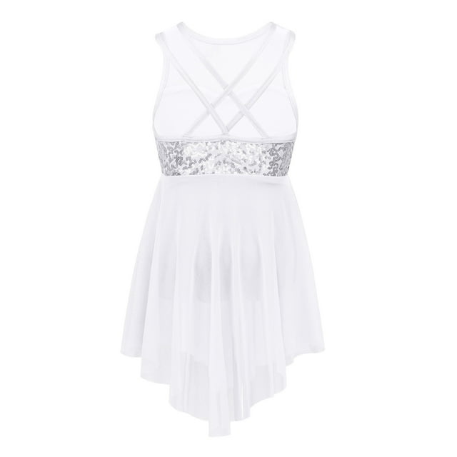 Mufeng Robe Sans Manches à Sequins Croisés pour Filles, Justaucorps de Ballet Lyrique, Robe de Danse Moderne Blanche 16