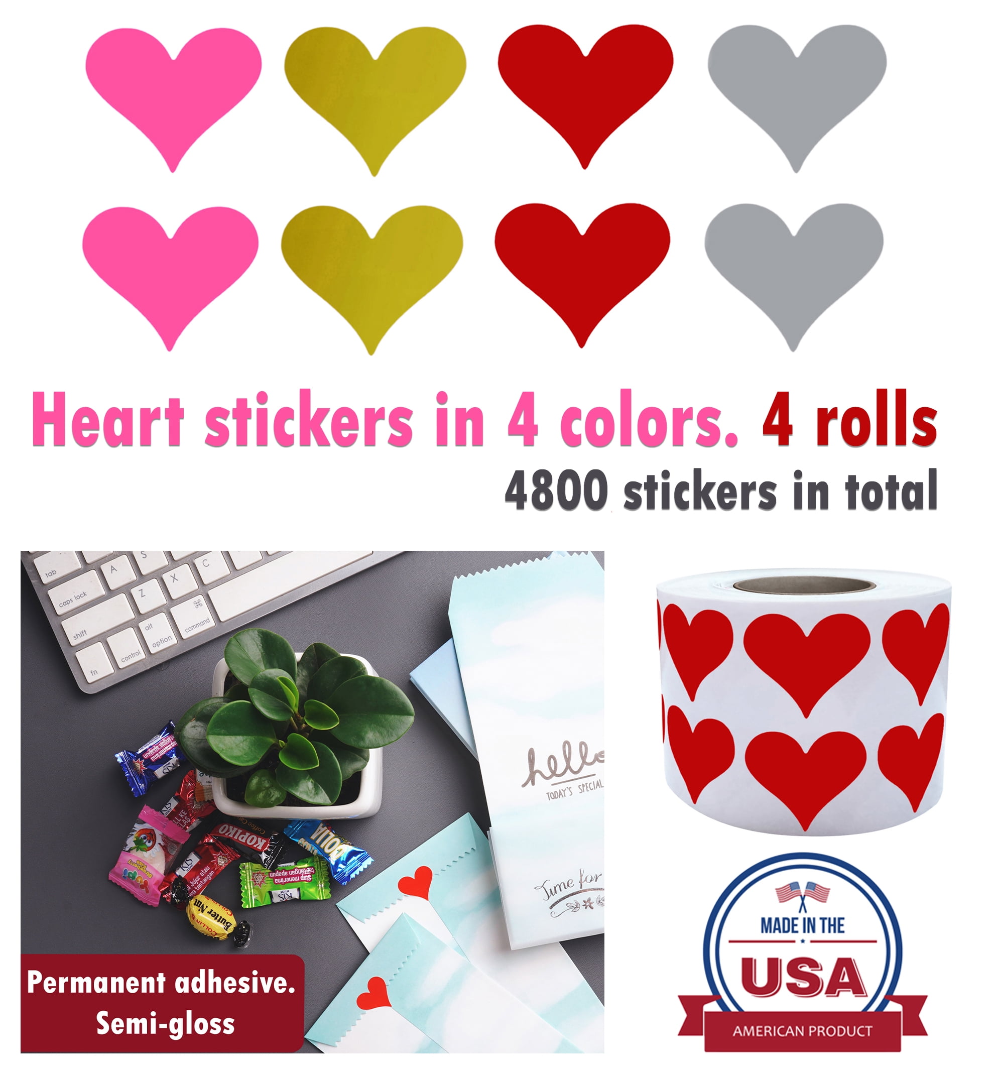 Royal Green Heart Label Stickers 19mm 3/4 inch Rolls in 4 Colors, Gold, Silver, Red and Pink - 4800 Pack