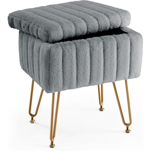 LEIYY Vanity Stool Chair with Storage, Ottoman Faux Fur Soft Padded Makeup Footstools Seat with 4 Metal Legs Anti-Slip Adjustable Feet for Home Entryway Bedroom,Grey