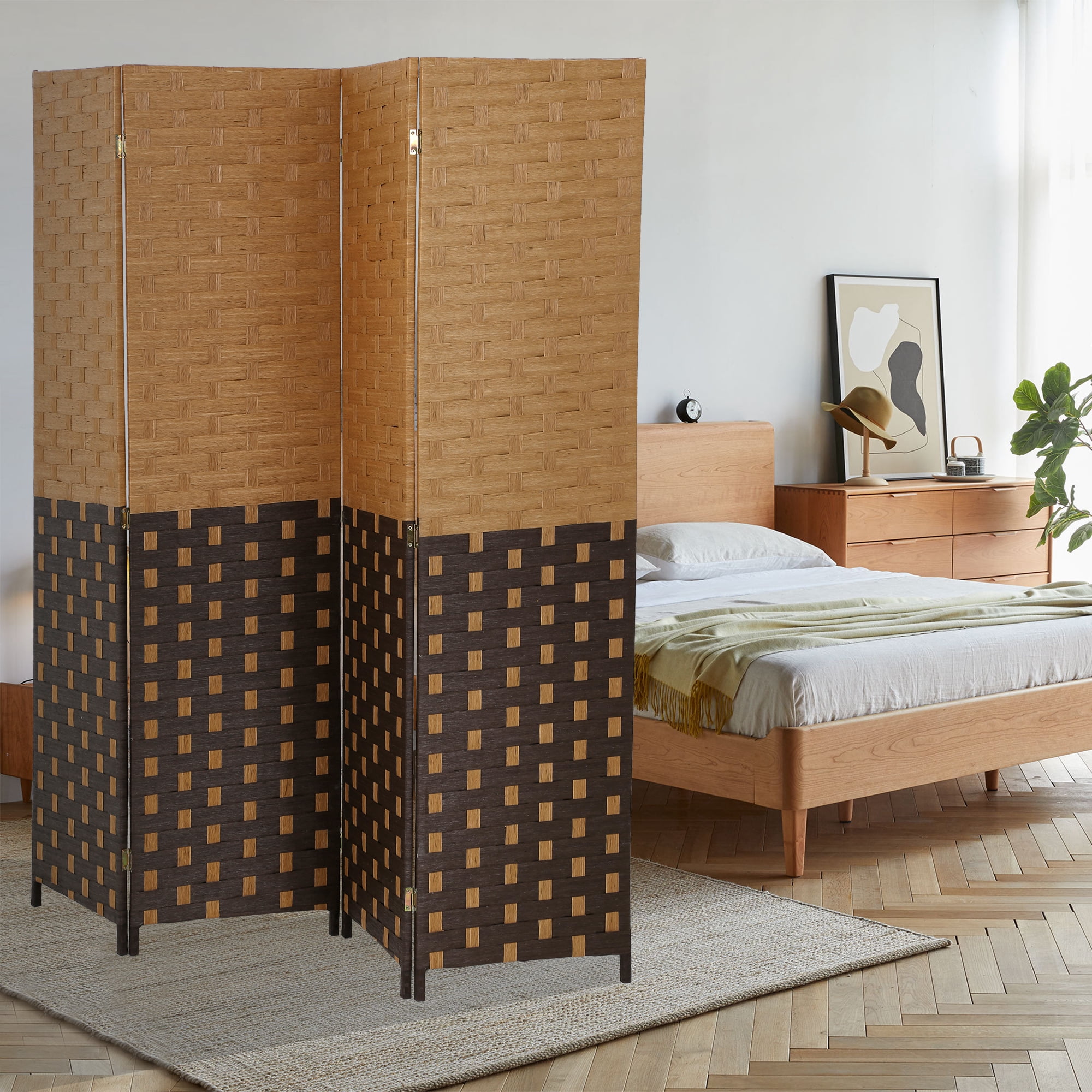 CL.HPAHKL 4 Panels Room Divider and Folding Privacy Screen, 6 ft Tall Wood Mesh Hand-Woven Design Wall Divider, Partition Room Dividers for Home Office Restaurant Bedroom