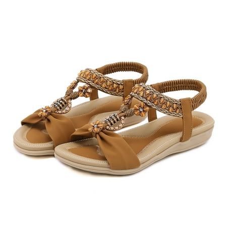 

Cathalem Summer Women Casual Open Toe Flat Rhinestone Flowers Comfortable Soft Bottom Breathable Elastic Raffia Sandals Women Brown 8