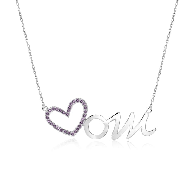 Collar con Colgante de Corazón Abierto JeenMata con Piedra Violeta Decorada en Oro Blanco de 18 K sobre Plata - Piedra Natal de Febrero - Regalo para Mamá