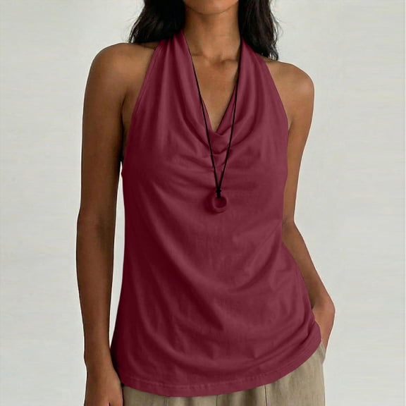 Uootdi Tops for Women Sleeveless Halter Cowl Neck Solid Color Tank Tops Office Elegant Style Soft Comfortable Loose Fit Tops Gift
