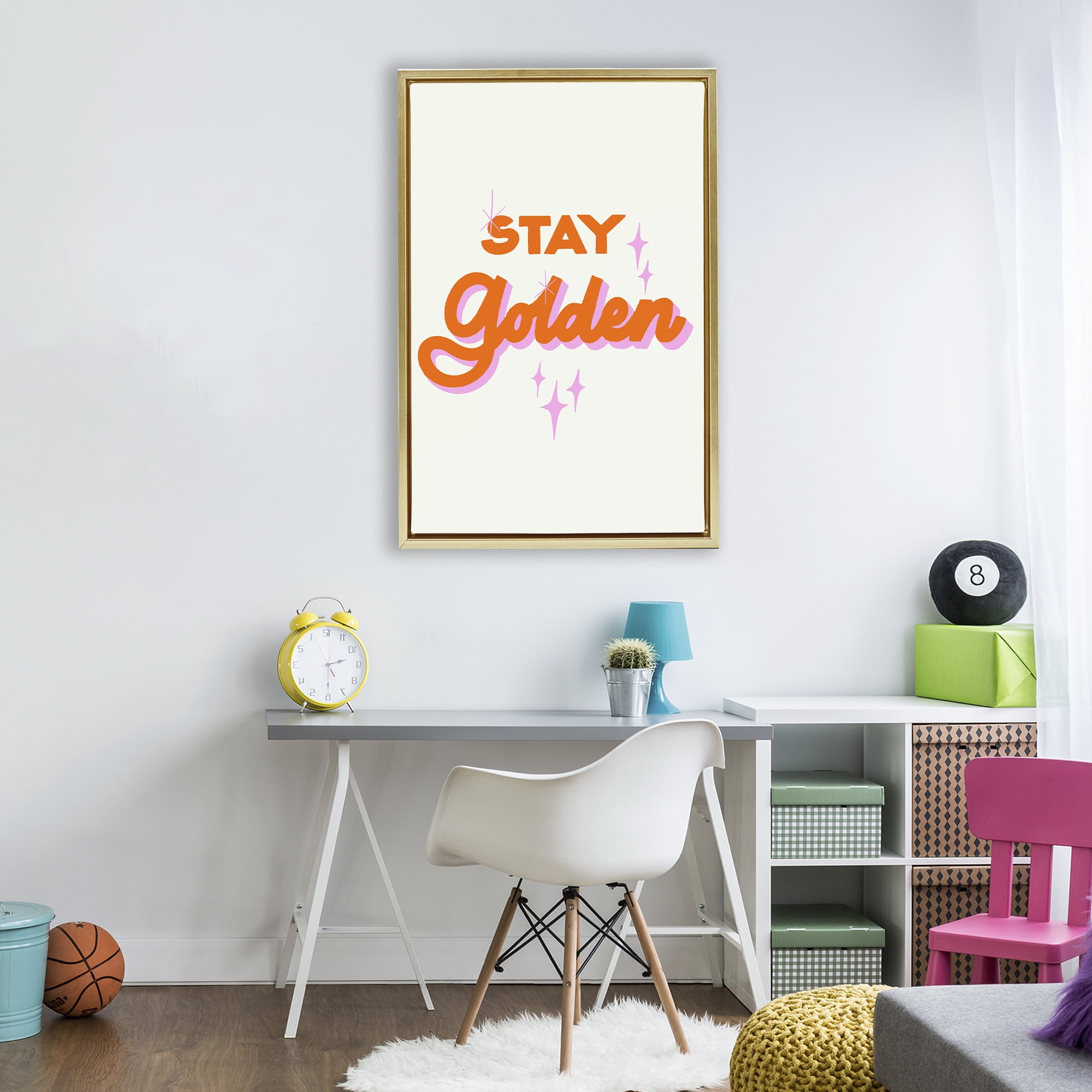 Stupell Industries Stay Golden Retro Letters Gold Framed Floater Canvas Wall Art, design by Indira Prieto | IndySign