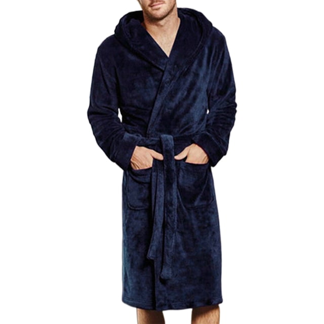 Daeful Peignoir Portefeuille pour Homme Couleur Unie Vêtement de Nuit Chandail à Capuchon de Nuit Confortable Robe de Chambre Bleu Marine 2TG