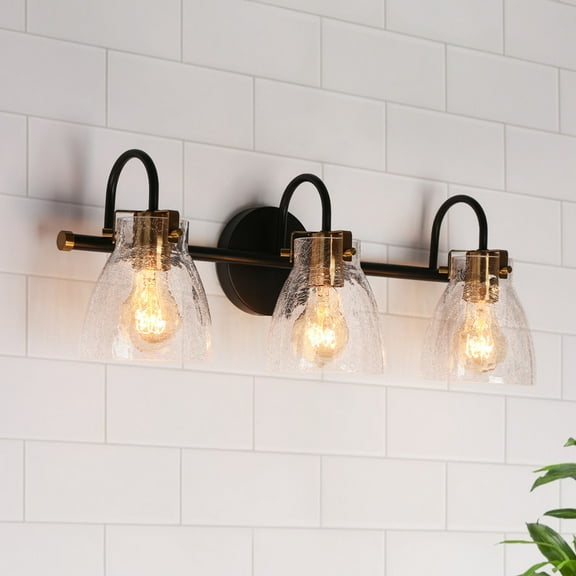LNC 3-Light Bathroom Vanity Light with Crackled Glasss in Matte Black and Gold Finish