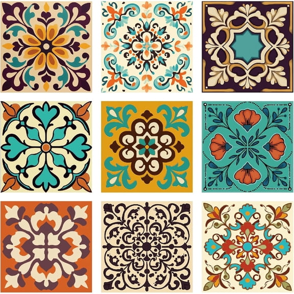 36Pcs 9 Styles Peel and Stick Tile 4 x 4 Inch Colorful Tile Stickers Square Flower Pattern Waterproof PVC Decals