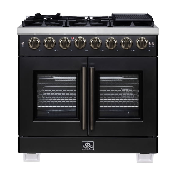Forno Capriasca 36 Inch Freestanding French Door Dual Fuel Range in Black with Antique Brass Accessories, 6 Burners, True Convection Oven