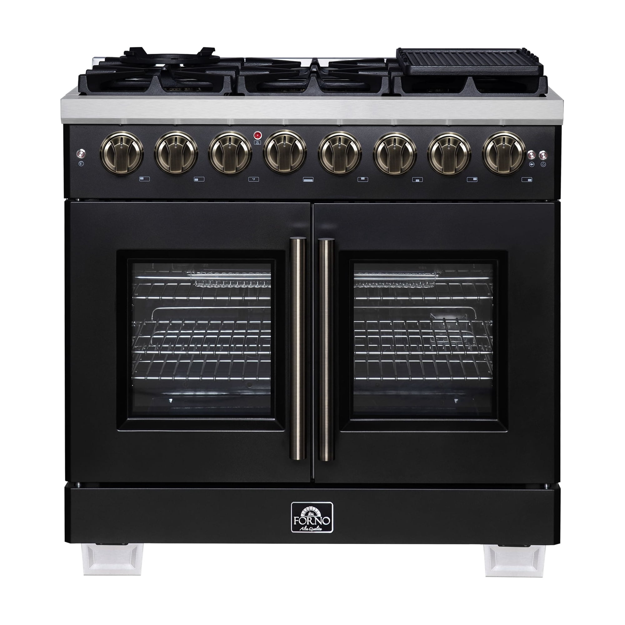 Forno Capriasca 36 Inch Freestanding French Door Dual Fuel Range in Black with Antique Brass Accessories, 6 Burners, True Convection Oven