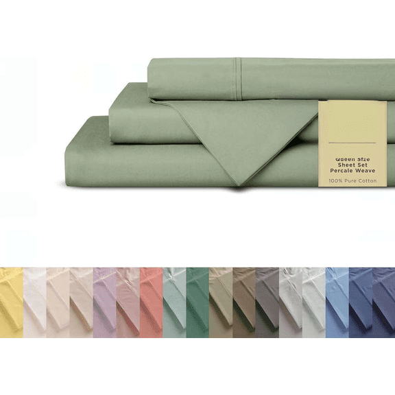 100% Cotton Percale Sheet Set Queen Size Oil Green Deep Pocket 4 Pieces