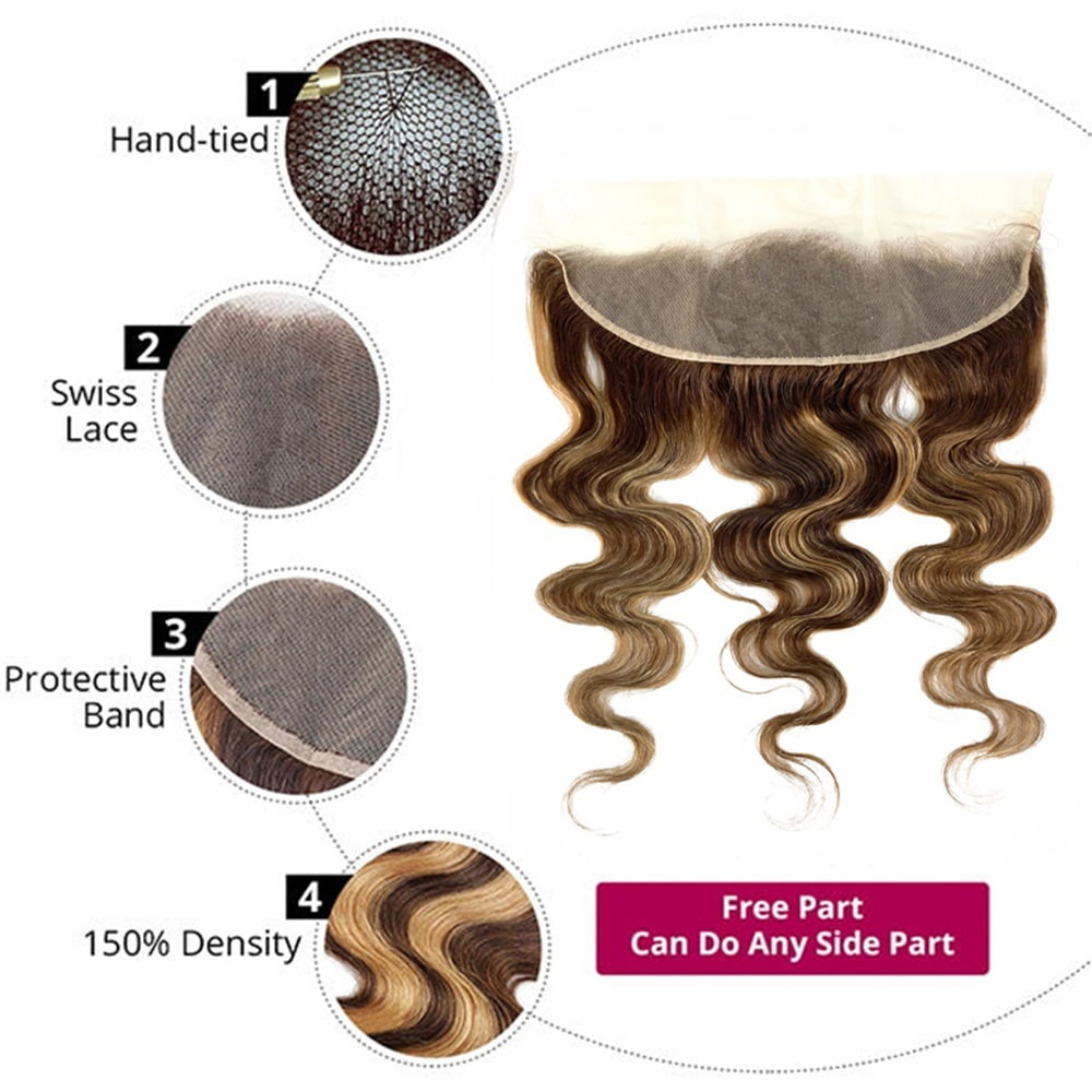 Highlighted Body Wave Bundles with Frontal, P4/27 Color Brazilian Human Hair Double Weft Bundles with 13x4 Lace Frontal